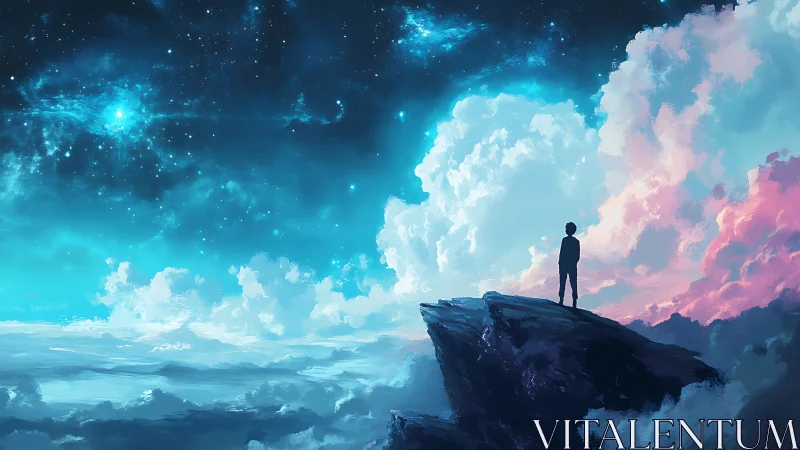 Silhouetted figure on cliff beneath vivid starry sky.
