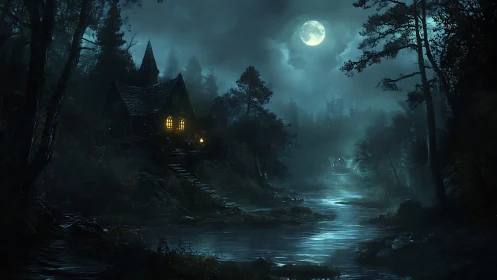 Moonlit forest river with cabin and distant hilltop castle.