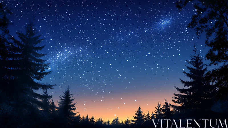Star-filled twilight sky glows above dark evergreen forest.