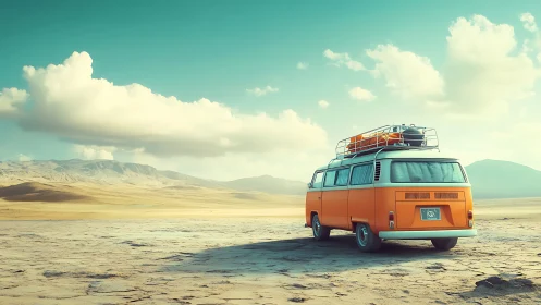 Retro orange van parked on arid desert plain under turquoise sky
