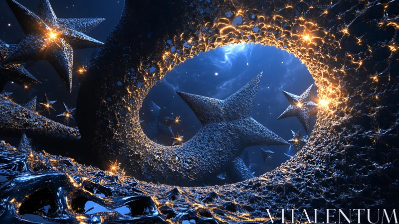Fractal star portal glows in deep cosmic blue void.