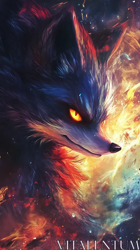 Fiery cosmic fox spirit emerges from swirling starlit flames