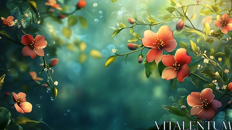 Red Coral Flowers Bloom Against Turquoise Garden.