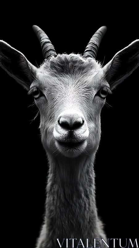 Black and white goat portrait on solid black background.