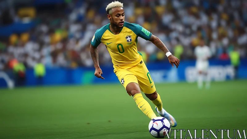 Brazil midfielder dribbling match ball on lush green pitch