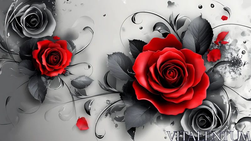 Crimson Blooms Dance Through Monochrome Dreams