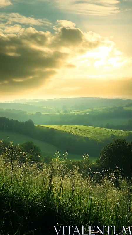 Layered rural hills under backlit clouded evening sky.