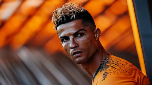 Focused football player in orange jersey under warm lights.