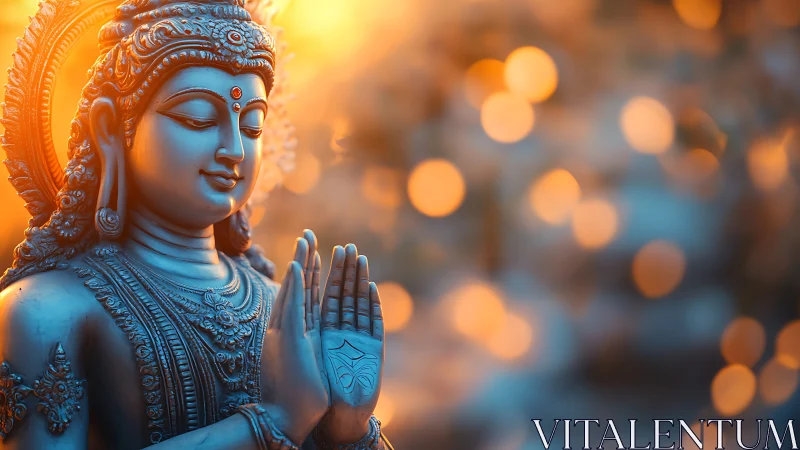 Serene blue deity statue glows amid golden bokeh light