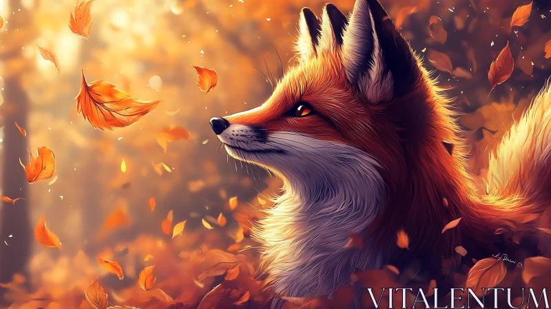 Red fox watches swirling autumn leaves in warm forest glow