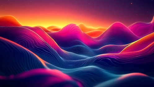 Neon dunes ripple softly beneath a molten digital sunrise
