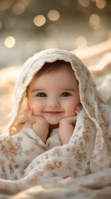 Smiling Baby Portrait in Floral Blanket with Warm Bokeh.