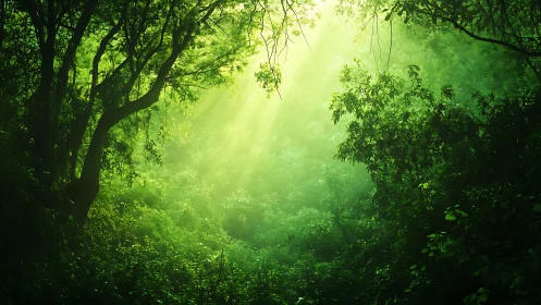 Luminous Forest Canopy with Radiant Sunlight Penetration.