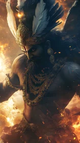 Warrior figure with ornate crown amid fiery background.