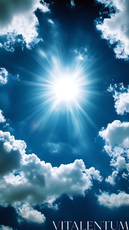 Radiant midday sun bursts through vivid blue clouded sky.