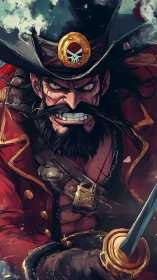 Bearded pirate captain with sword in stylized digital art.