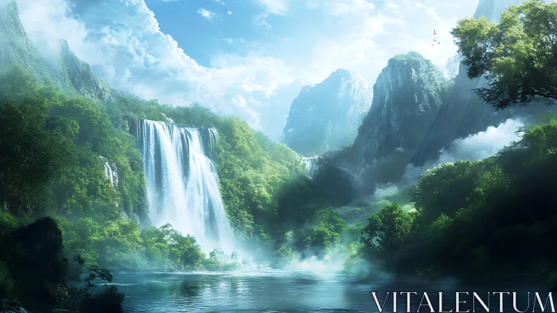Misty mountain valley waterfall over lush emerald forest.
