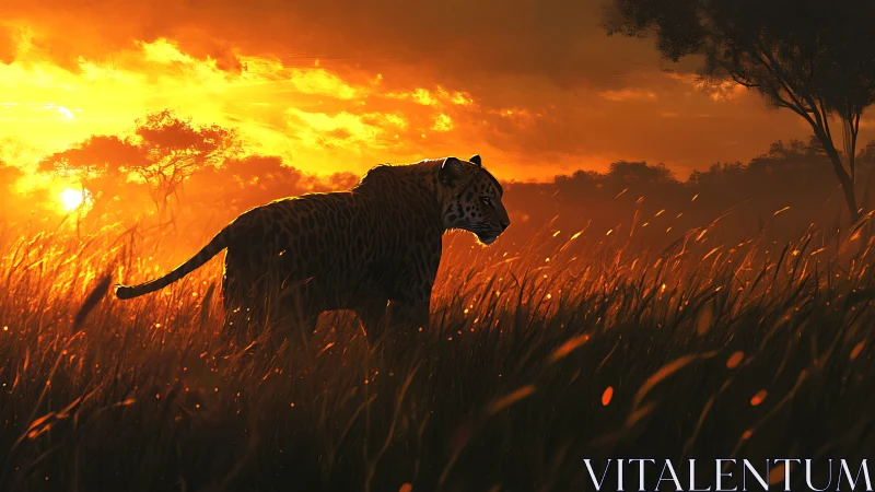 Melanistic Feline Silhouette Against Auroral Savanna Landscape.