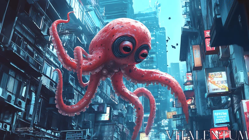Giant cartoon octopus invades neon-soaked cyberpunk alleyway.