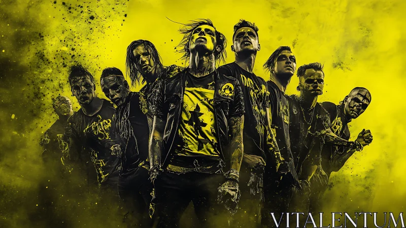 High-contrast yellow-black portrait of gritty rock ensemble