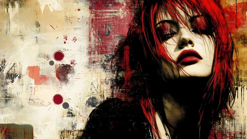 Red haired female portrait within textured abstract field.