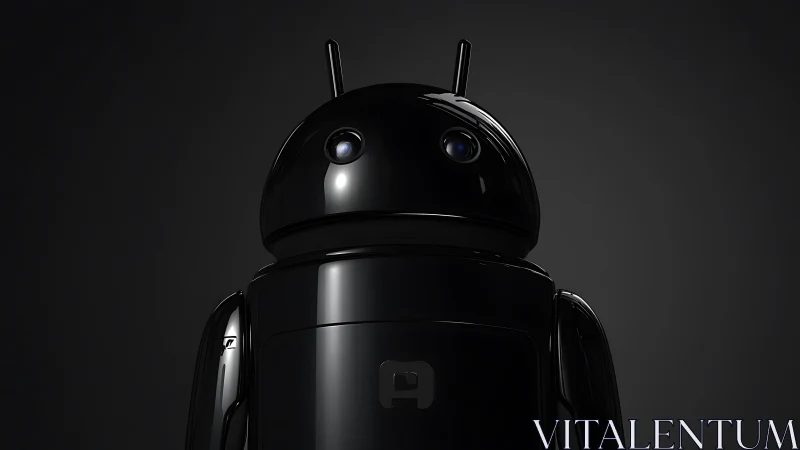 Glossy black android mascot render with cinematic rim lighting