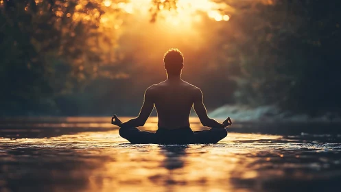 Sunlit river meditation with tranquil backlit silhouette.