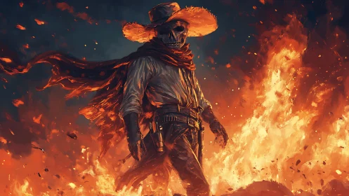 Skeletal gunslinger in wide-brimmed hat amid intense flames.