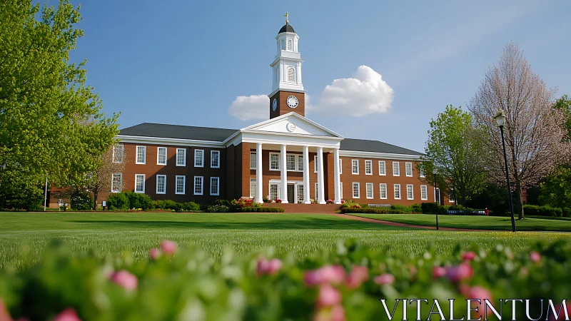 Neoclassical campus hall rendered in bright midday perspective