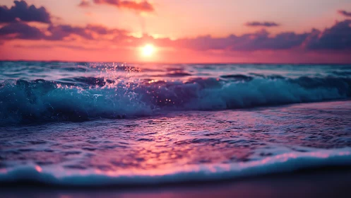 Low-angle ocean wave in vivid magenta cyan sunset backlight.