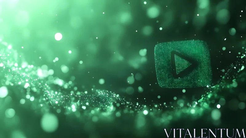 Digital Play Button Icon in Glowing Green Abstract Particle Style.