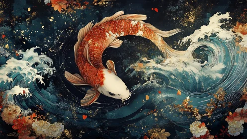 Koi fish arcs through foaming waves in ornate night sea.