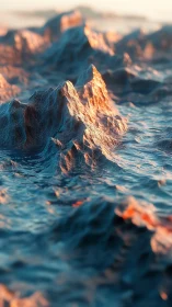 Sunlit wireframe seascape transforms waves into sculpted peaks.
