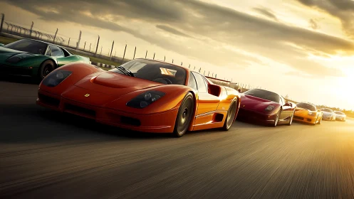 Sports cars race in tight formation on sunlit circuit