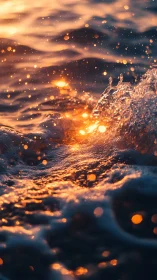 Golden sunset surf ignites dynamic ocean spray.