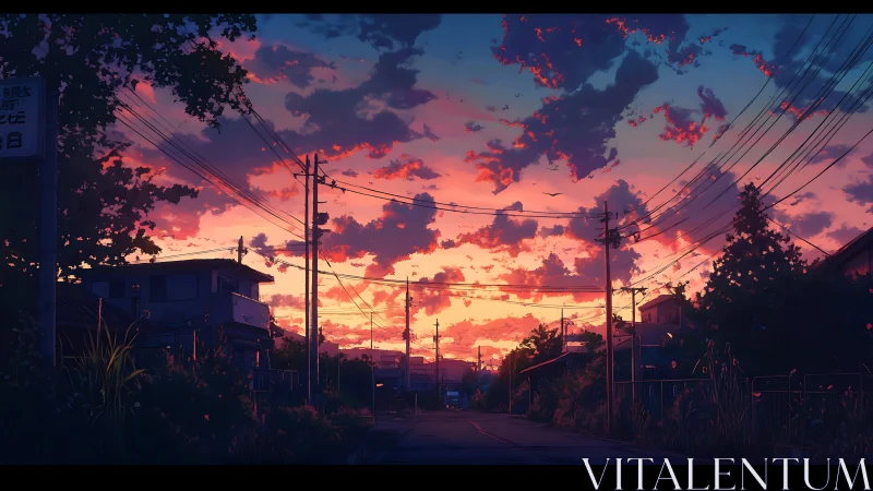 Sunset sky over quiet suburban street with power lines.