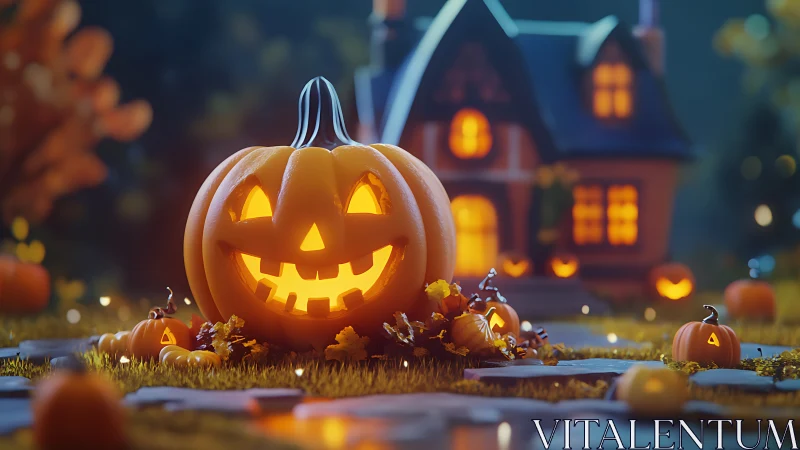 Glowing jack-o&rsquo;-lantern lights a cozy Halloween cottage path