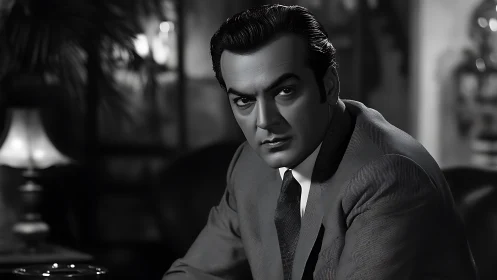 Brooding man in tailored suit evokes classic noir mood.