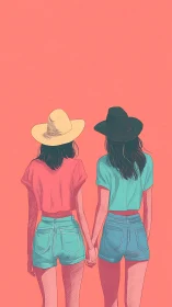 Summer friends in pastel outfits walk hand in hand together.