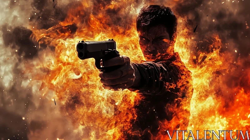 Fierce action hero framed in a storm of cinematic fire.