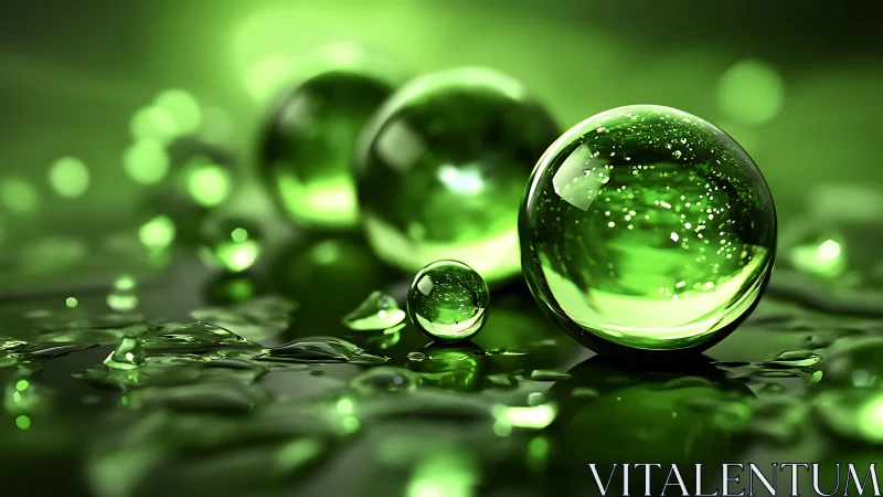 Green translucent spheres on reflective wet surface study.