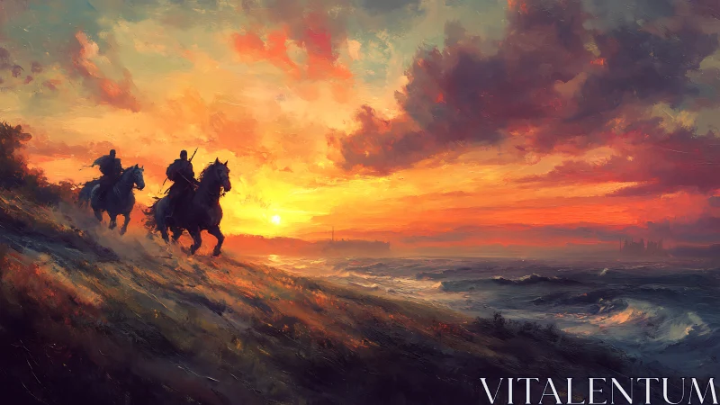 Riders on coastal bluff advance toward a turbulent sunset sea