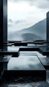 Reflective platforms lead into a misty mountain horizon