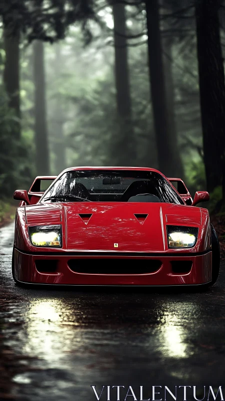 Scarlet supercar poised on misty forest road at dusk.