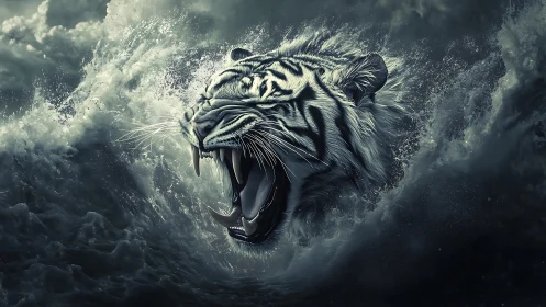 White tiger erupts from storm waves in monochrome fury.