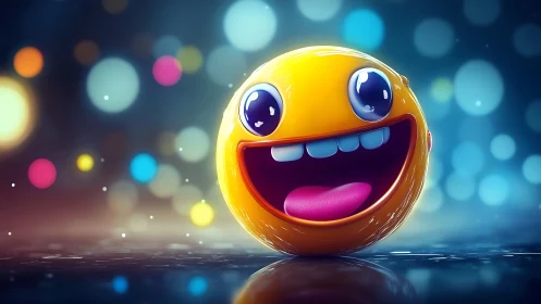 Joyful yellow emoji ball beams with bright playful energy