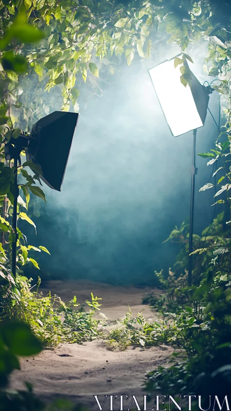 Studio lighting equipment illuminates a foliage-lined sandy path