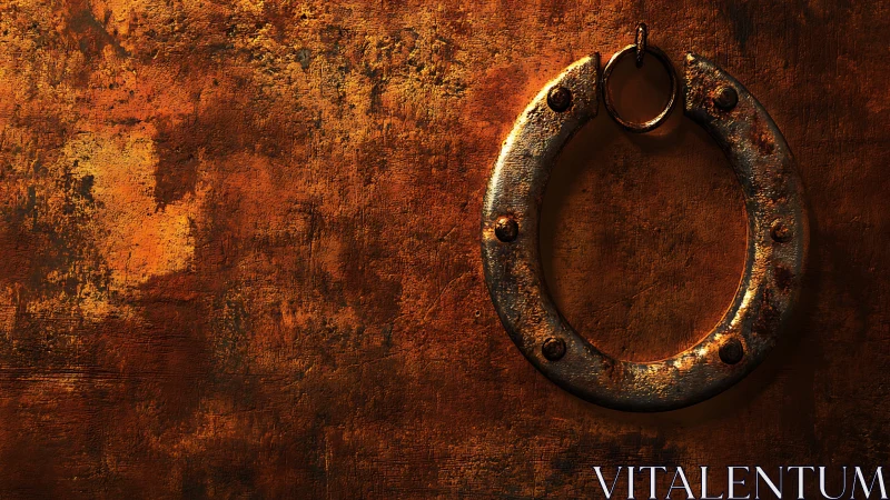 Photorealistic rusted iron ring on distressed metal wall.
