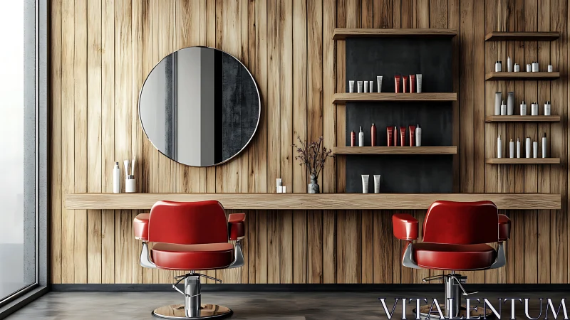 Crimson salon thrones in a wood-wrapped modern grooming haven.