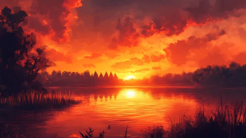 Embers of dusk glowing over a quiet lakeside horizon.